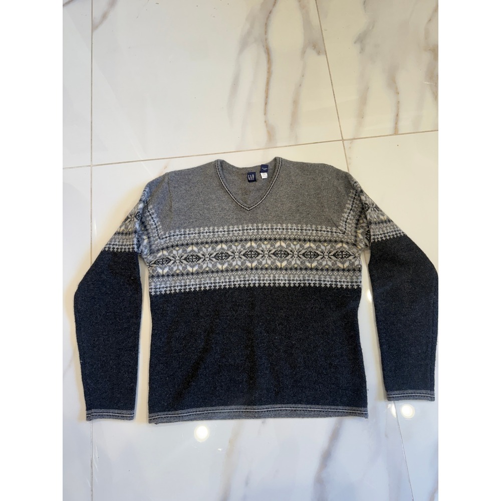 Vintage Gap Lambswool Fair Isle Sweater Gray Nordic V-Neck Holiday 1999 Mens M